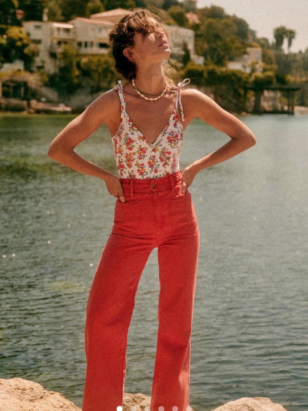 Sezane High-Rise Wide-Leg Jeans in Coral Red
